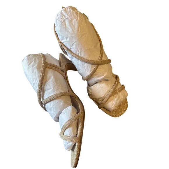 Strappy Gold Glitter Open-Toe Heeled Sandals with secure Buckle Closure - Picture 2 of 3